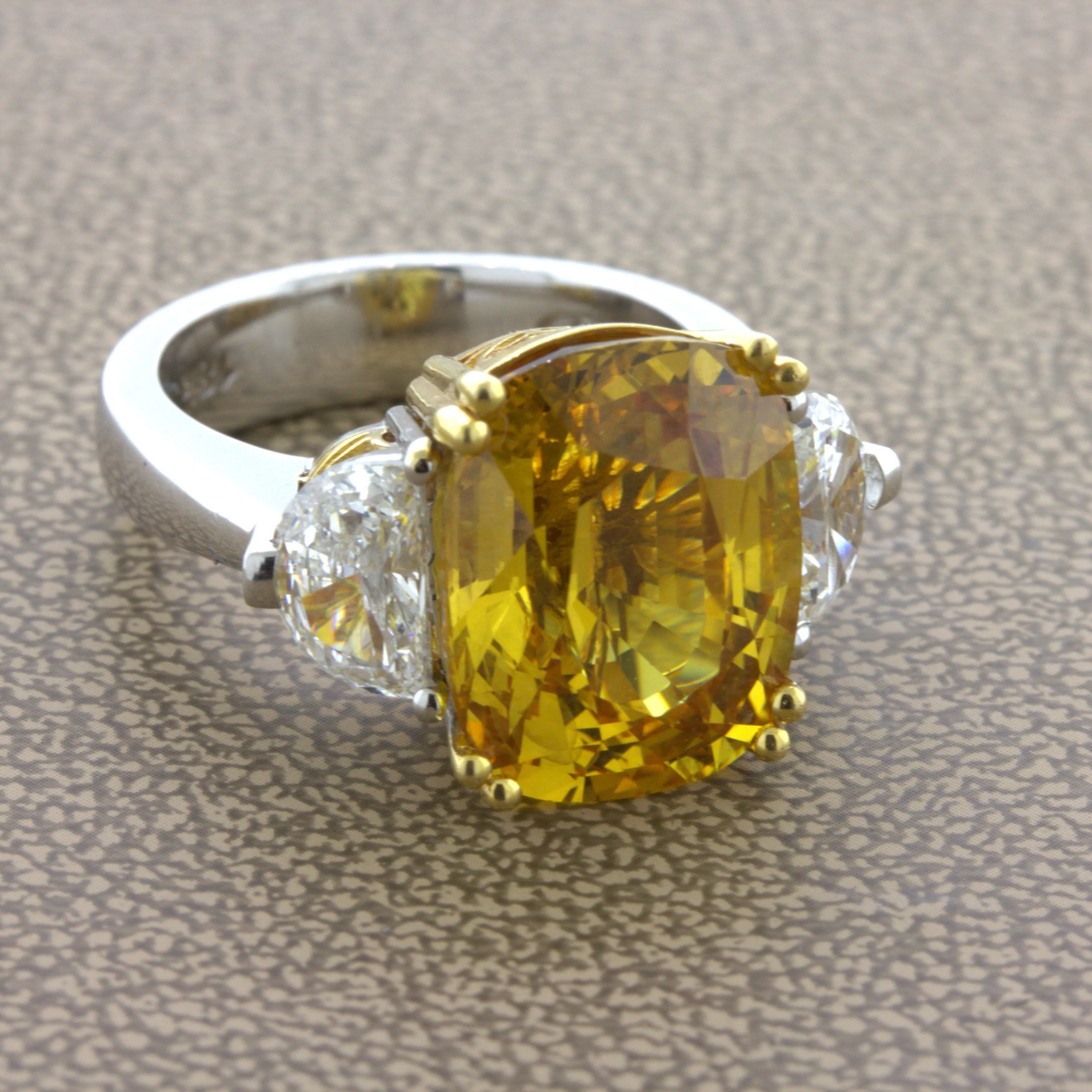 12.35 Carat Fancy Yellow Sapphire Diamond 18K White Gold 3-Stone Ring