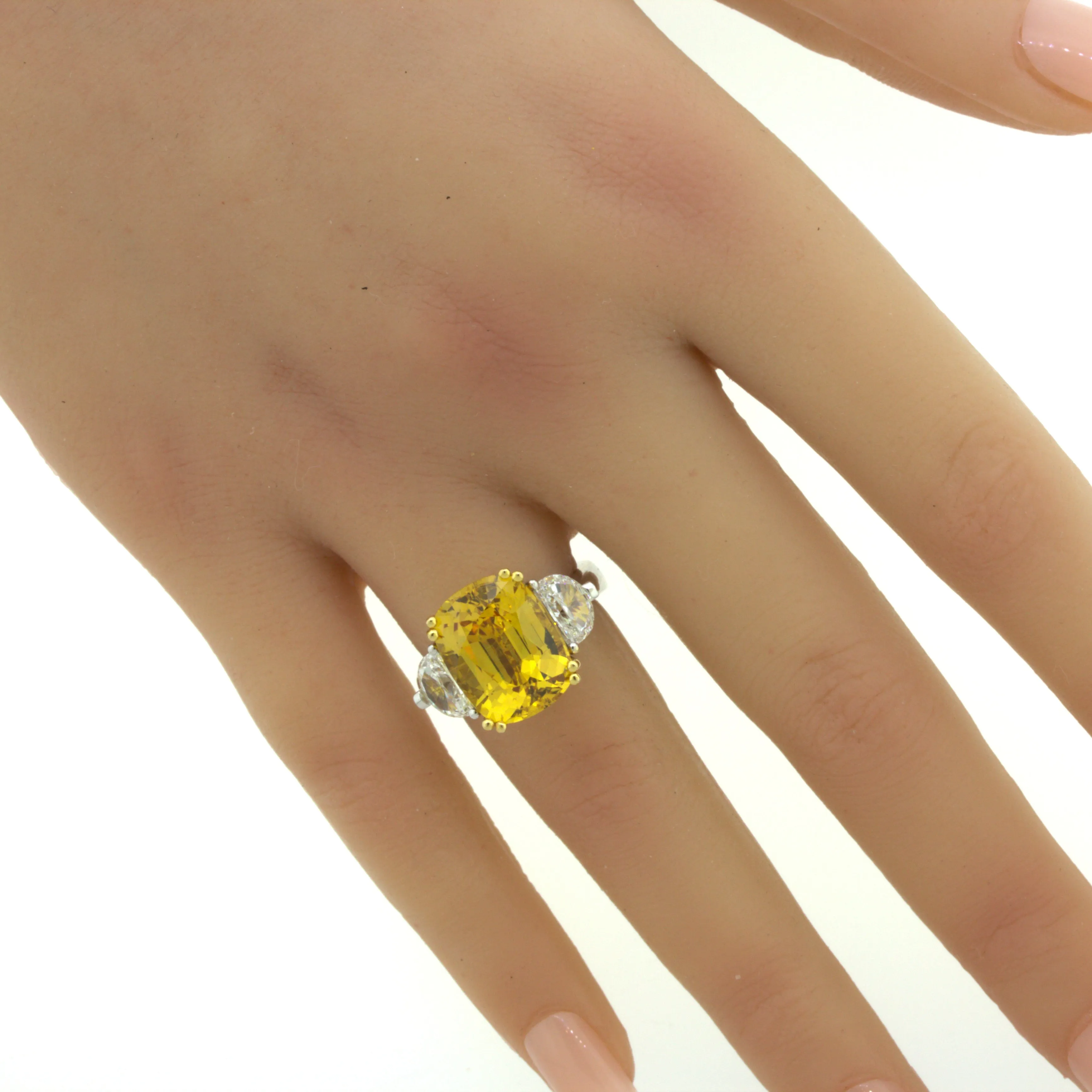 12.35 Carat Fancy Yellow Sapphire Diamond 18K White Gold 3-Stone Ring