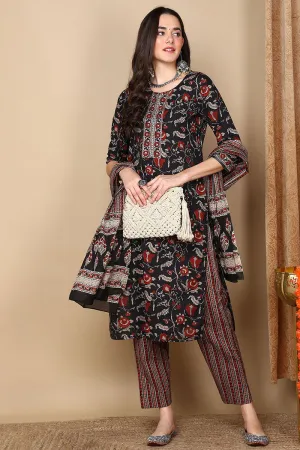 Black Pure Cotton Floral Printed Flared Suit Set