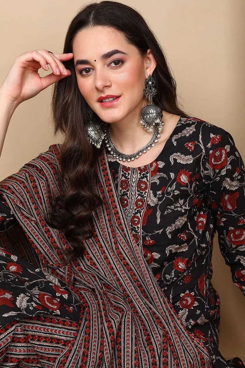 Black Pure Cotton Floral Printed Flared Suit Set
