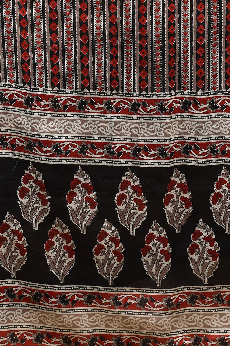 Black Pure Cotton Floral Printed Flared Suit Set