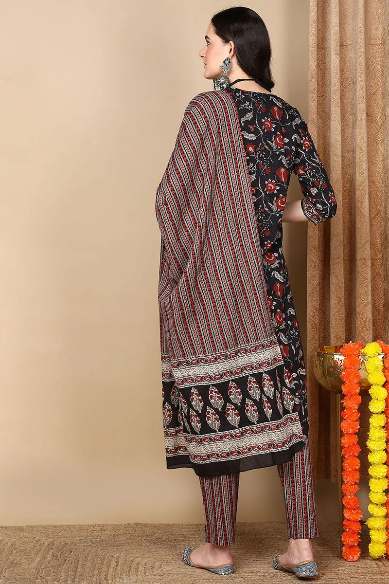 Black Pure Cotton Floral Printed Flared Suit Set