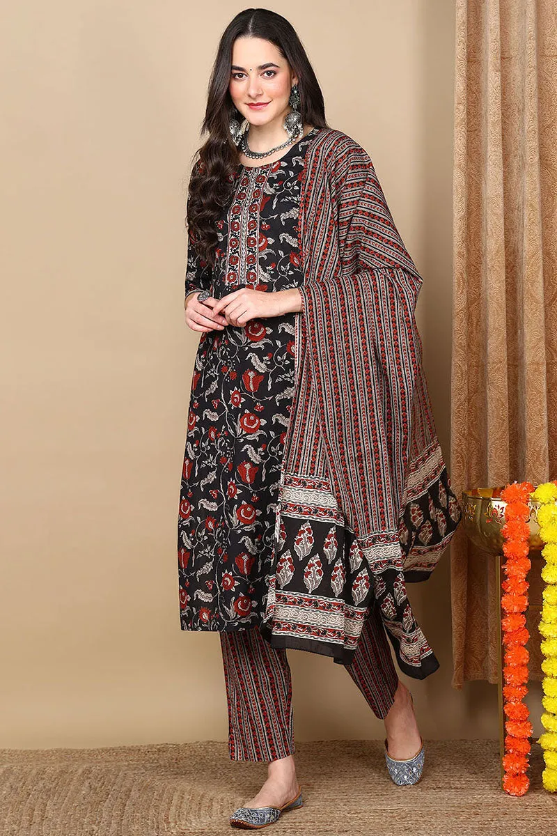 Black Pure Cotton Floral Printed Flared Suit Set