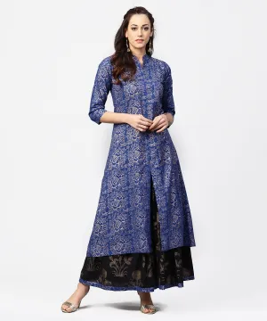 Blue Printed 3/4Th Sleeve A-Line Kurta With Black Flared Skirt