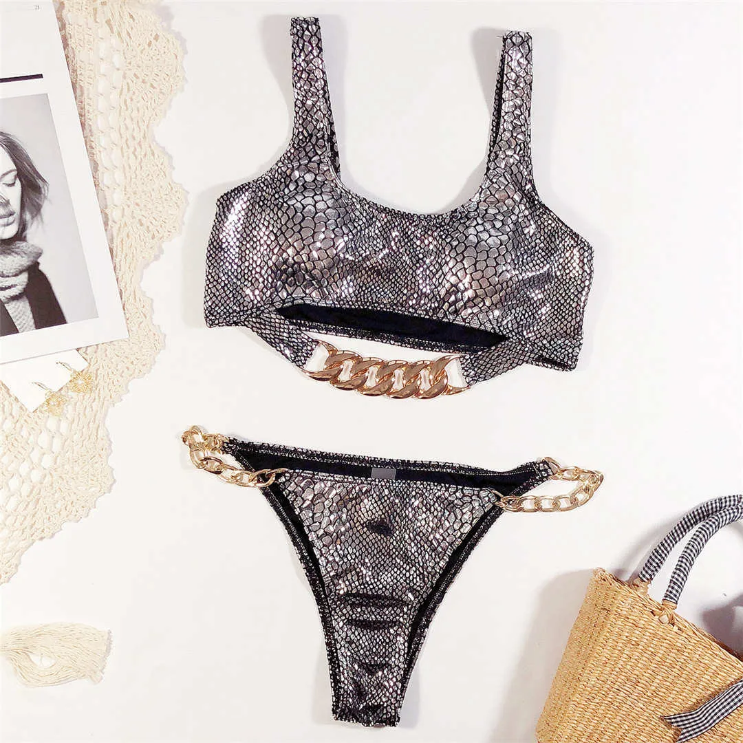 Bronzing Snake Printed Bikini Female Swimsuit Women Swimwear Two-piece Bikini Set With Chain Bather Bathing Suit Swim V1895