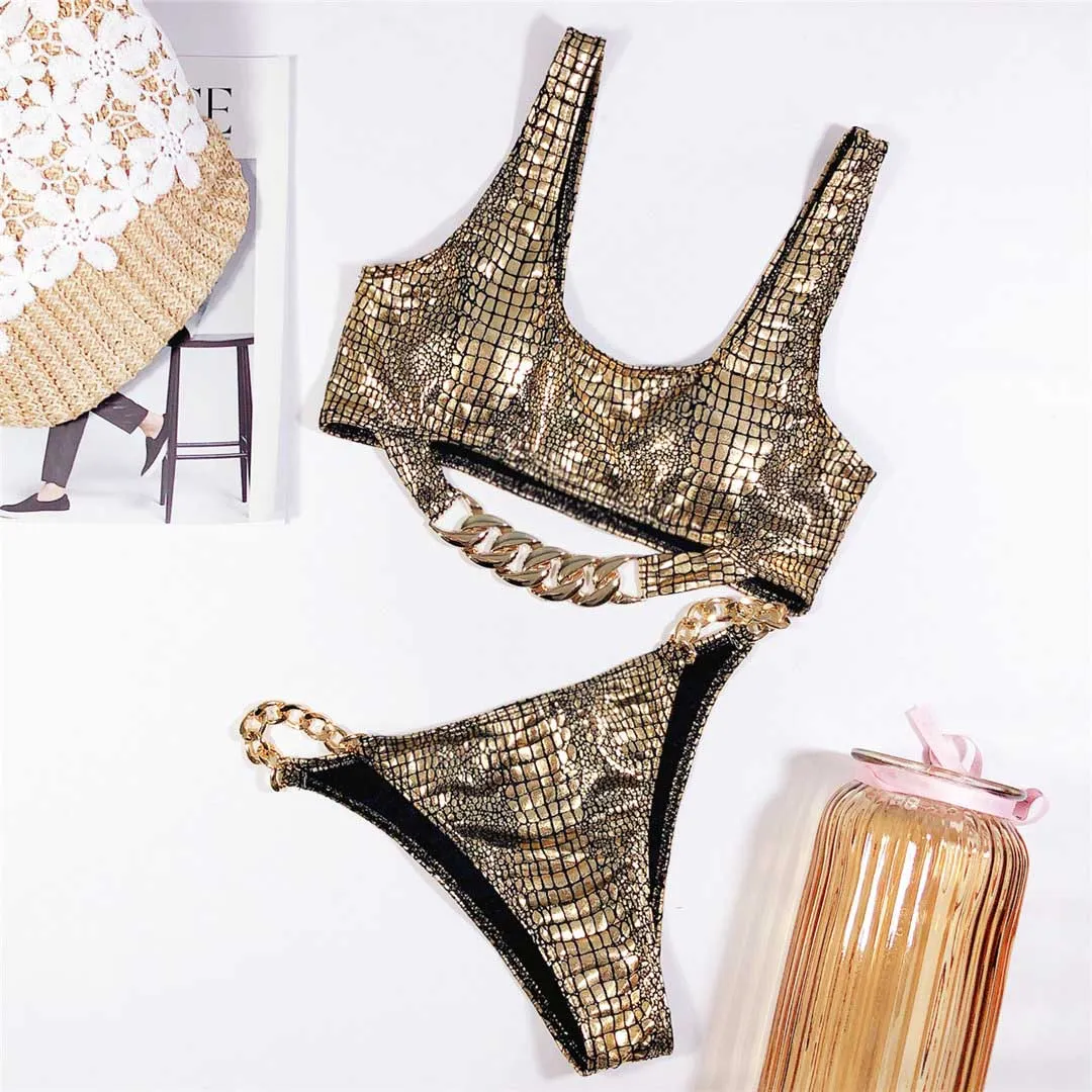 Bronzing Snake Printed Bikini Female Swimsuit Women Swimwear Two-piece Bikini Set With Chain Bather Bathing Suit Swim V1895