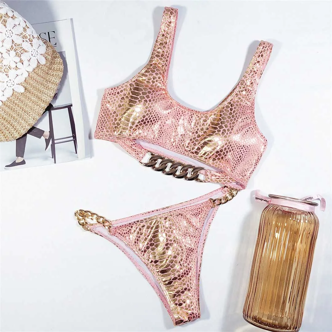 Bronzing Snake Printed Bikini Female Swimsuit Women Swimwear Two-piece Bikini Set With Chain Bather Bathing Suit Swim V1895