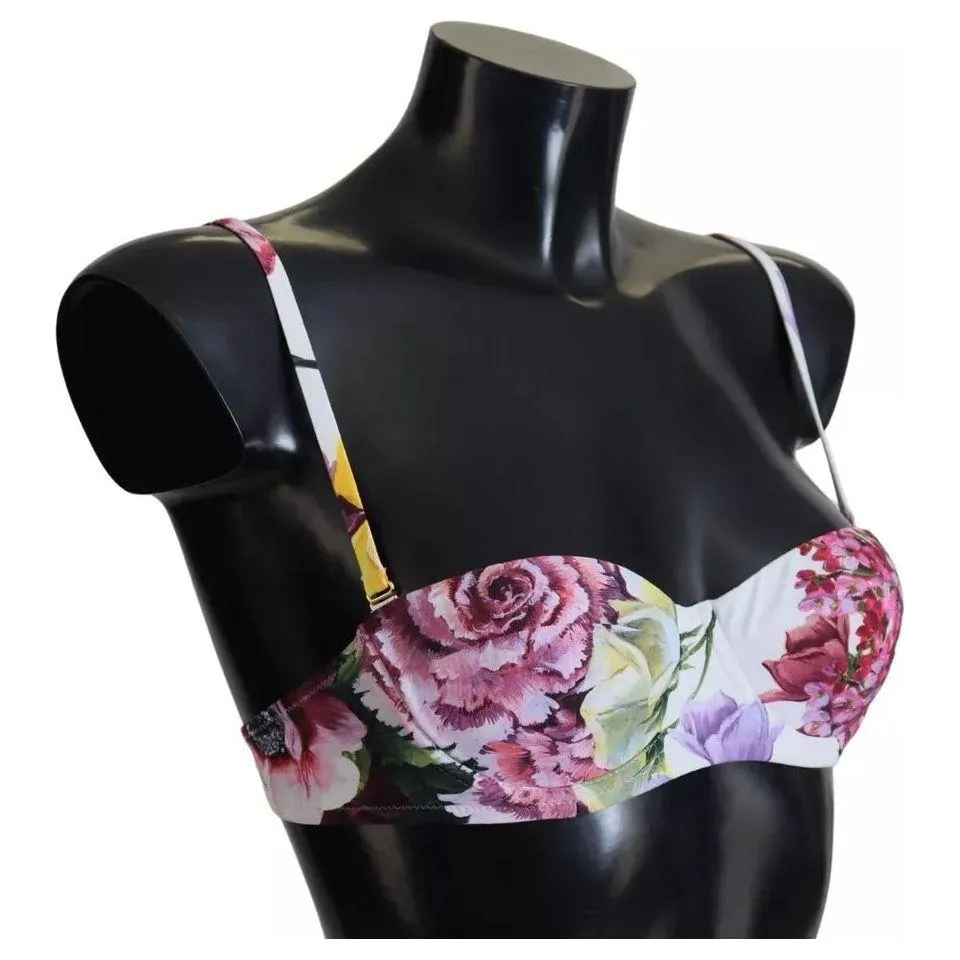 Dolce & Gabbana White Floral Print Beachwear Swimwear Bikini Top