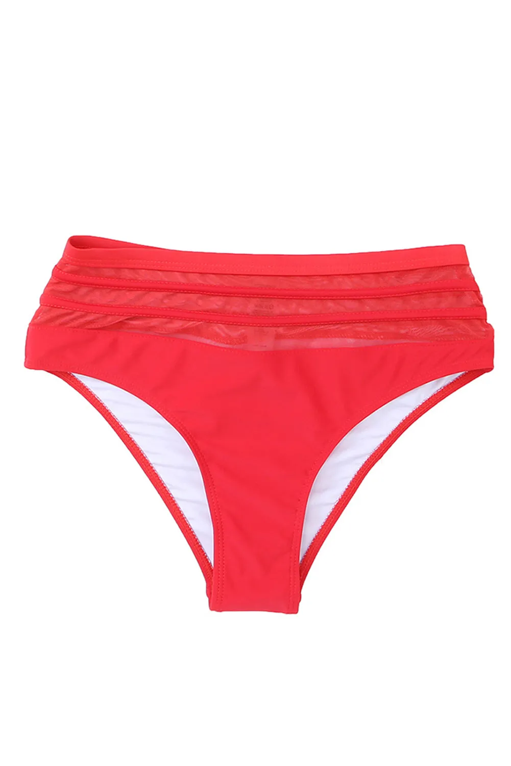 Fiery Red Mesh Striped Splicing High Waist Bikini Bottoms