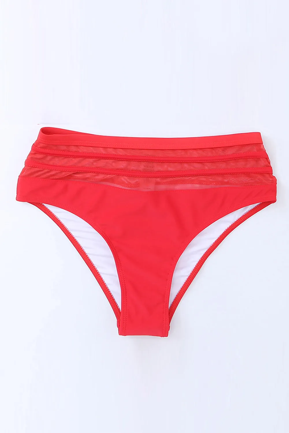 Fiery Red Mesh Striped Splicing High Waist Bikini Bottoms
