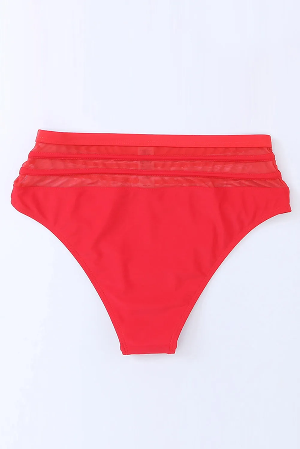 Fiery Red Mesh Striped Splicing High Waist Bikini Bottoms