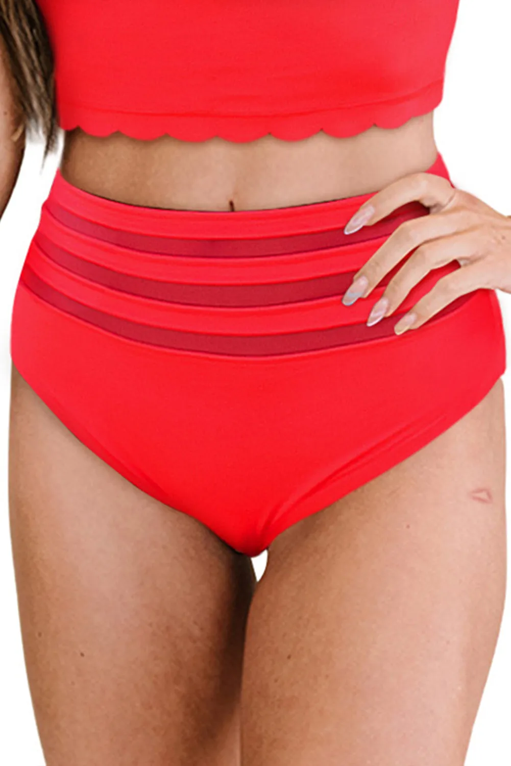 Fiery Red Mesh Striped Splicing High Waist Bikini Bottoms