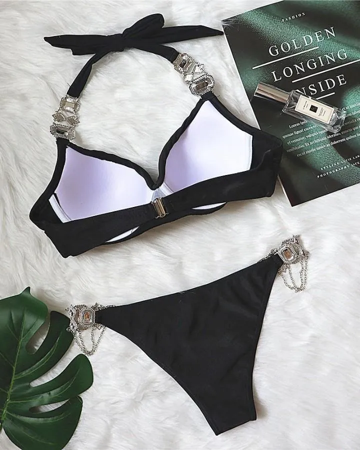 Glitter Buckle Strap Bra With Panties Bikini Sets