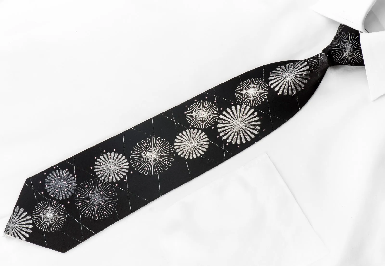 Grand Jour Men's Crystal Necktie Silver Medallions On Black With Silver Sparkles