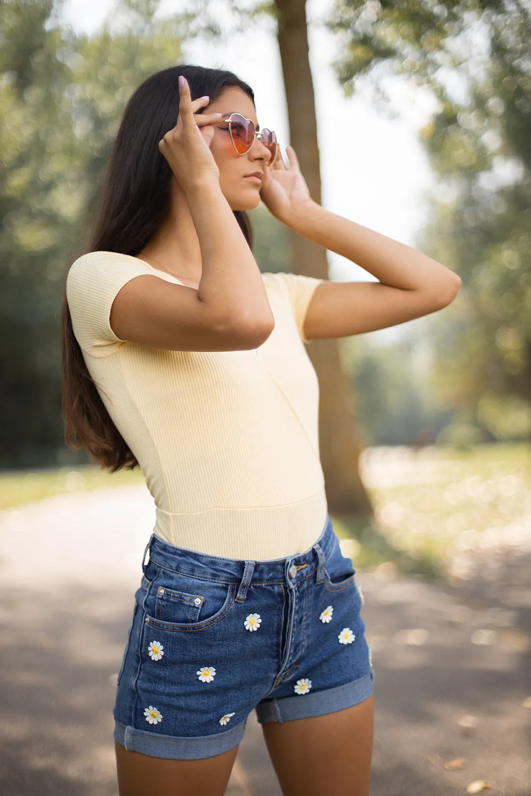 High Waisted Denim Shorts  with Daisies - The Lana