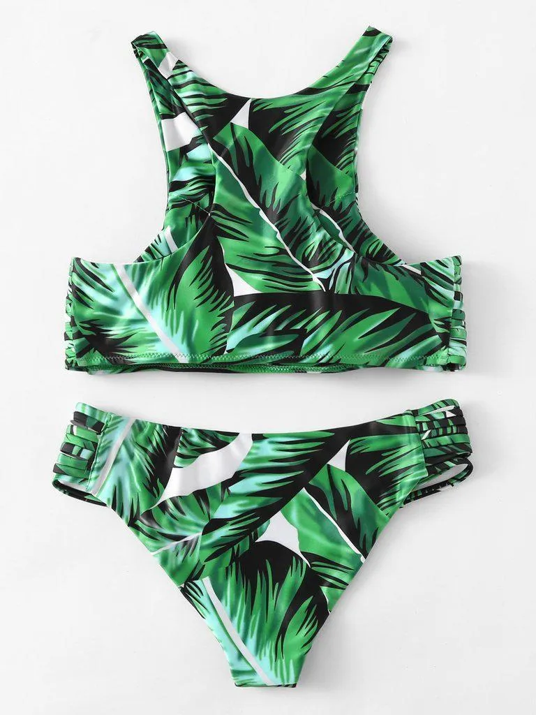 Leaf Print Ladder Cutout Racer Back Tankini