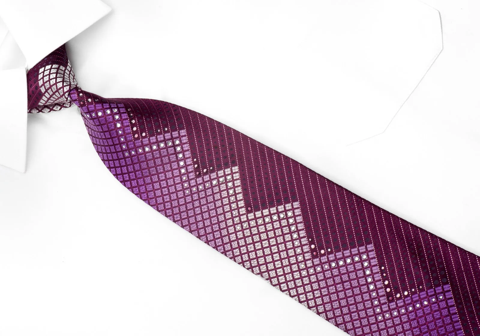 Leslie Vince Mens Silk Rhinestone Necktie Geometric On Purple With Sparkles