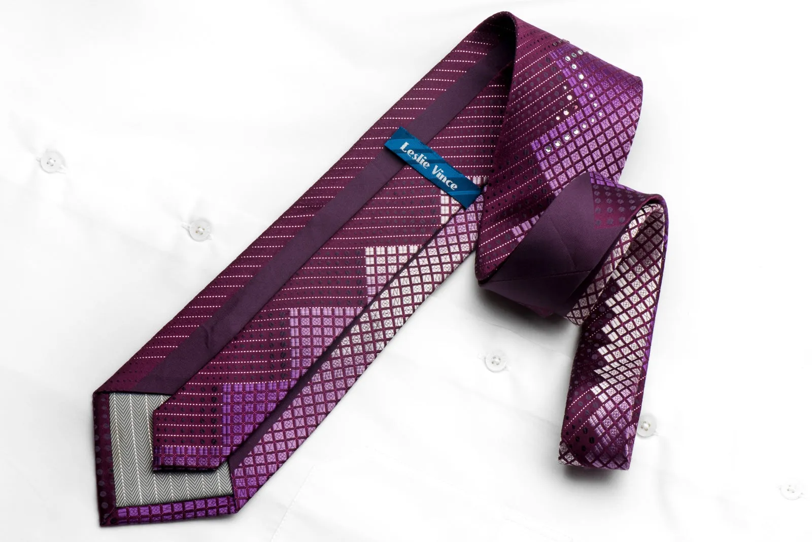 Leslie Vince Mens Silk Rhinestone Necktie Geometric On Purple With Sparkles
