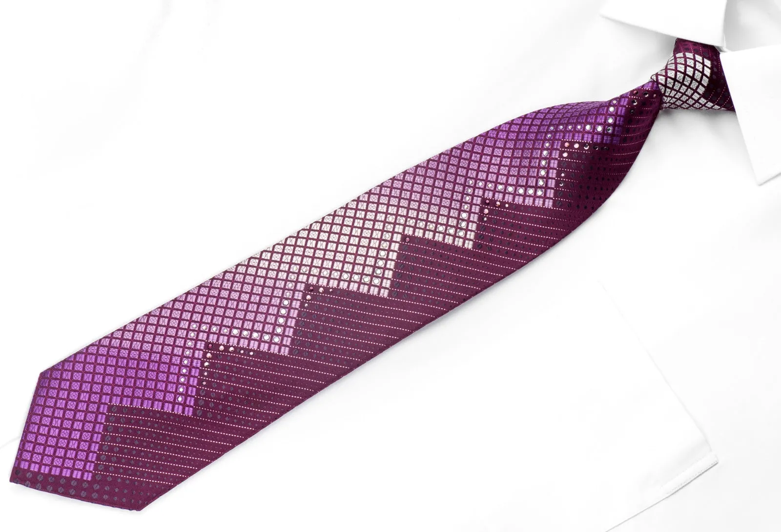 Leslie Vince Mens Silk Rhinestone Necktie Geometric On Purple With Sparkles