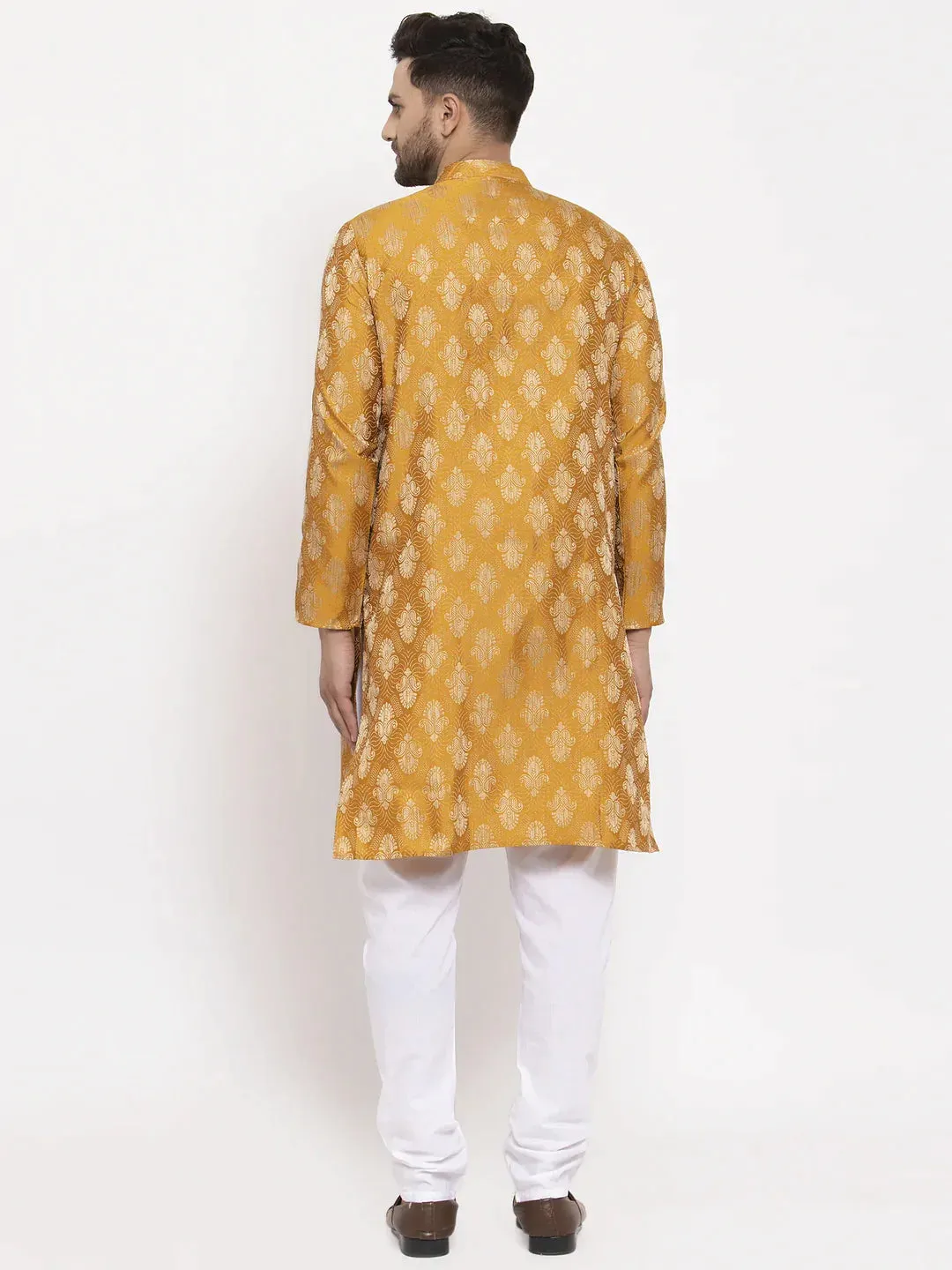 Men Mustard Yellow & White Jacquard Kurta With Churidar