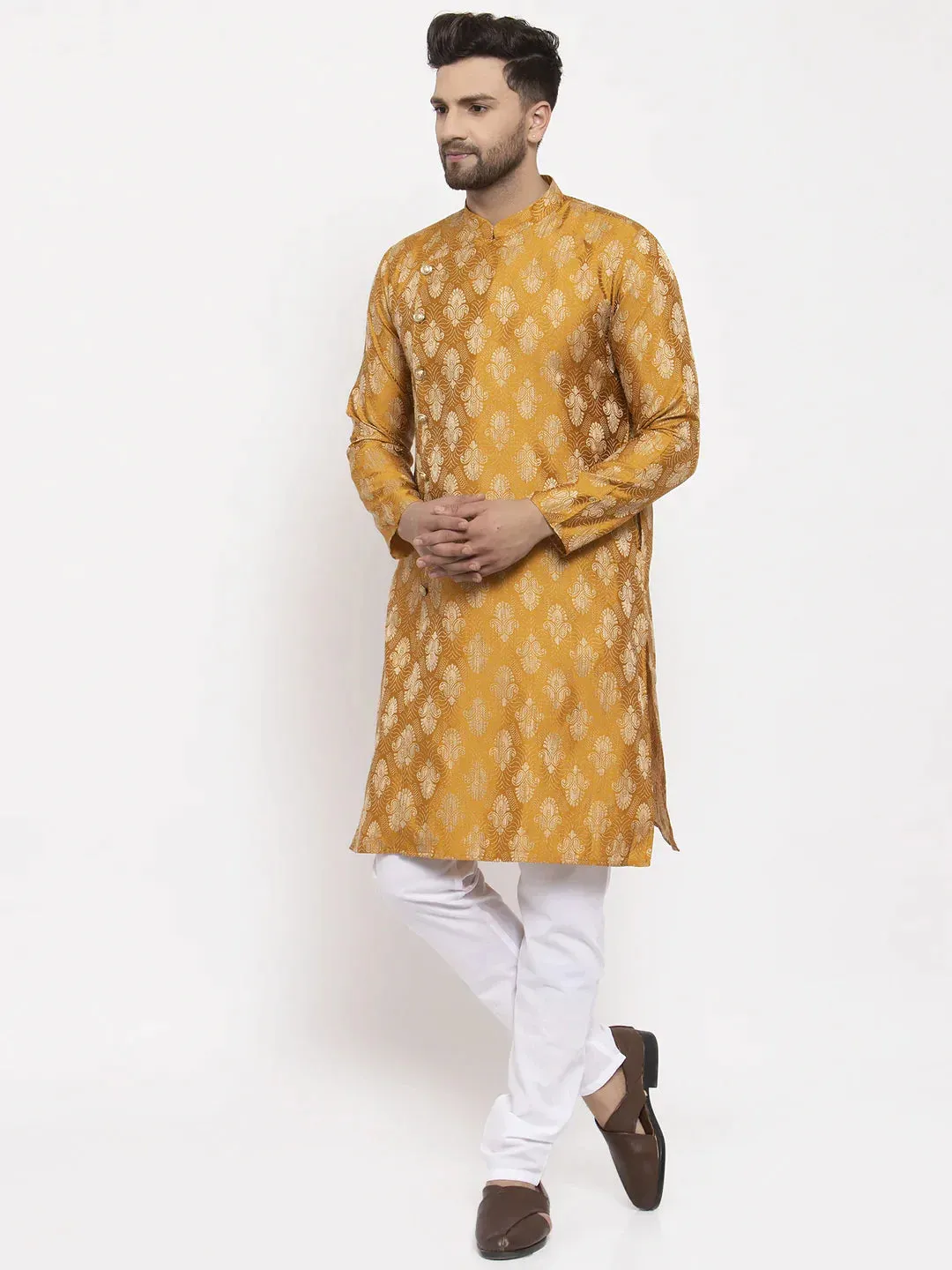 Men Mustard Yellow & White Jacquard Kurta With Churidar