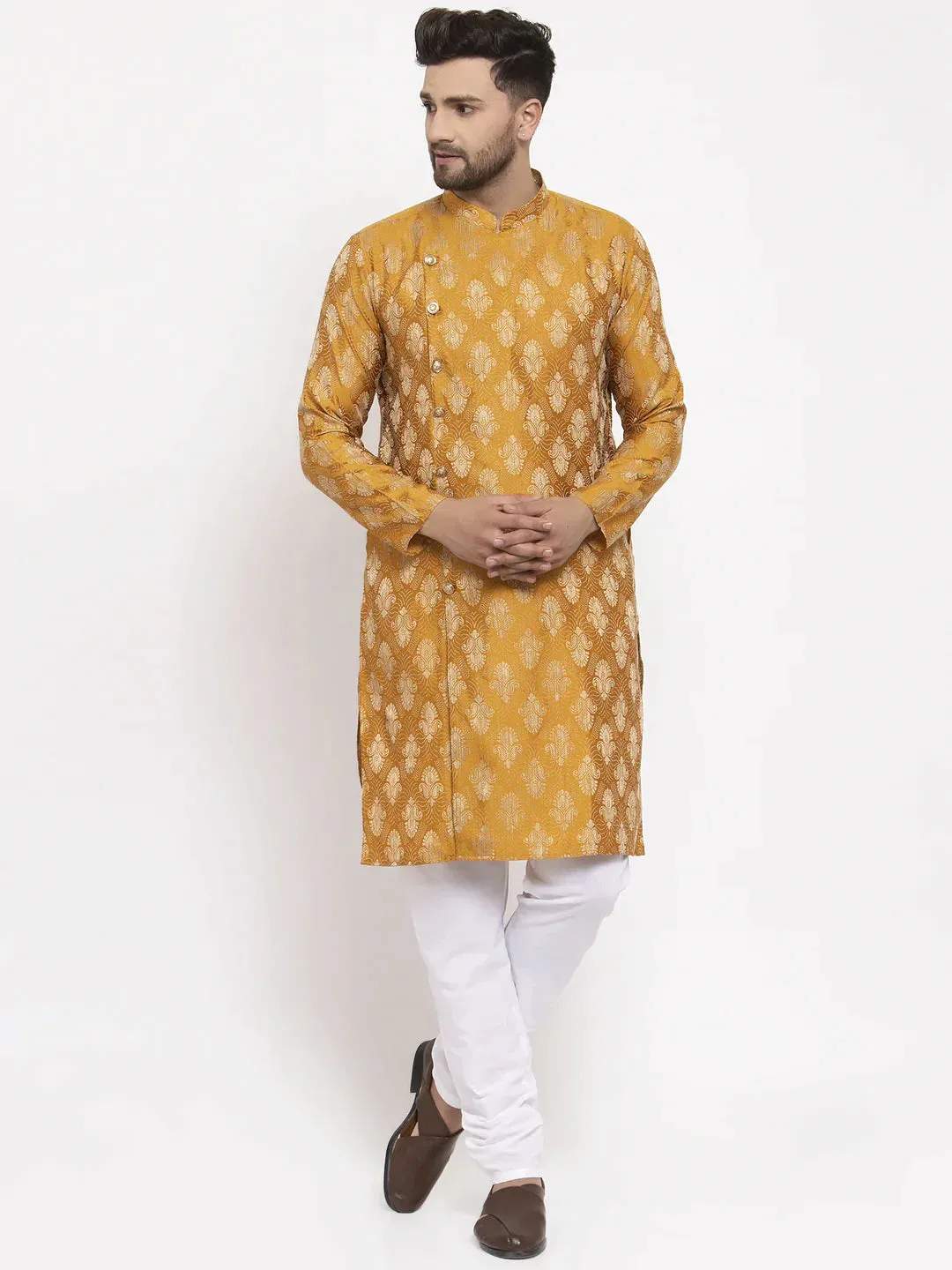 Men Mustard Yellow & White Jacquard Kurta With Churidar