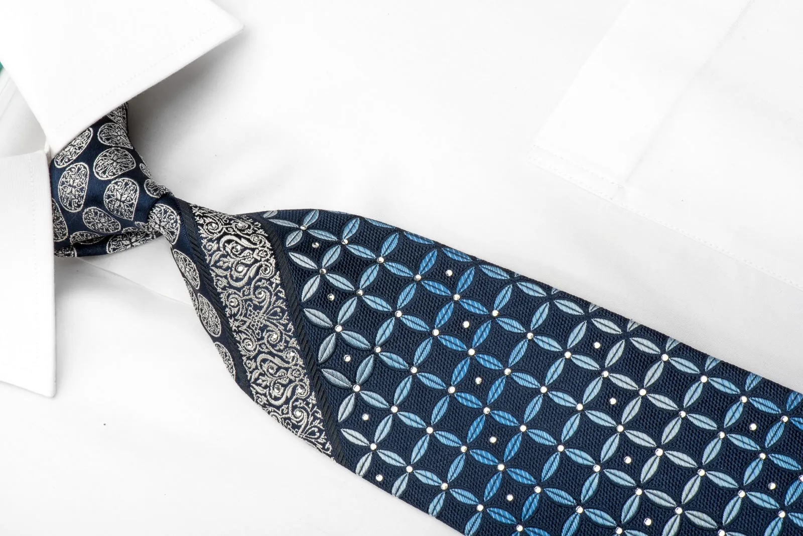 Nina Ricci Men's Silk Necktie Geometric & Cartouche On Blue Sparkling With Rhinestones