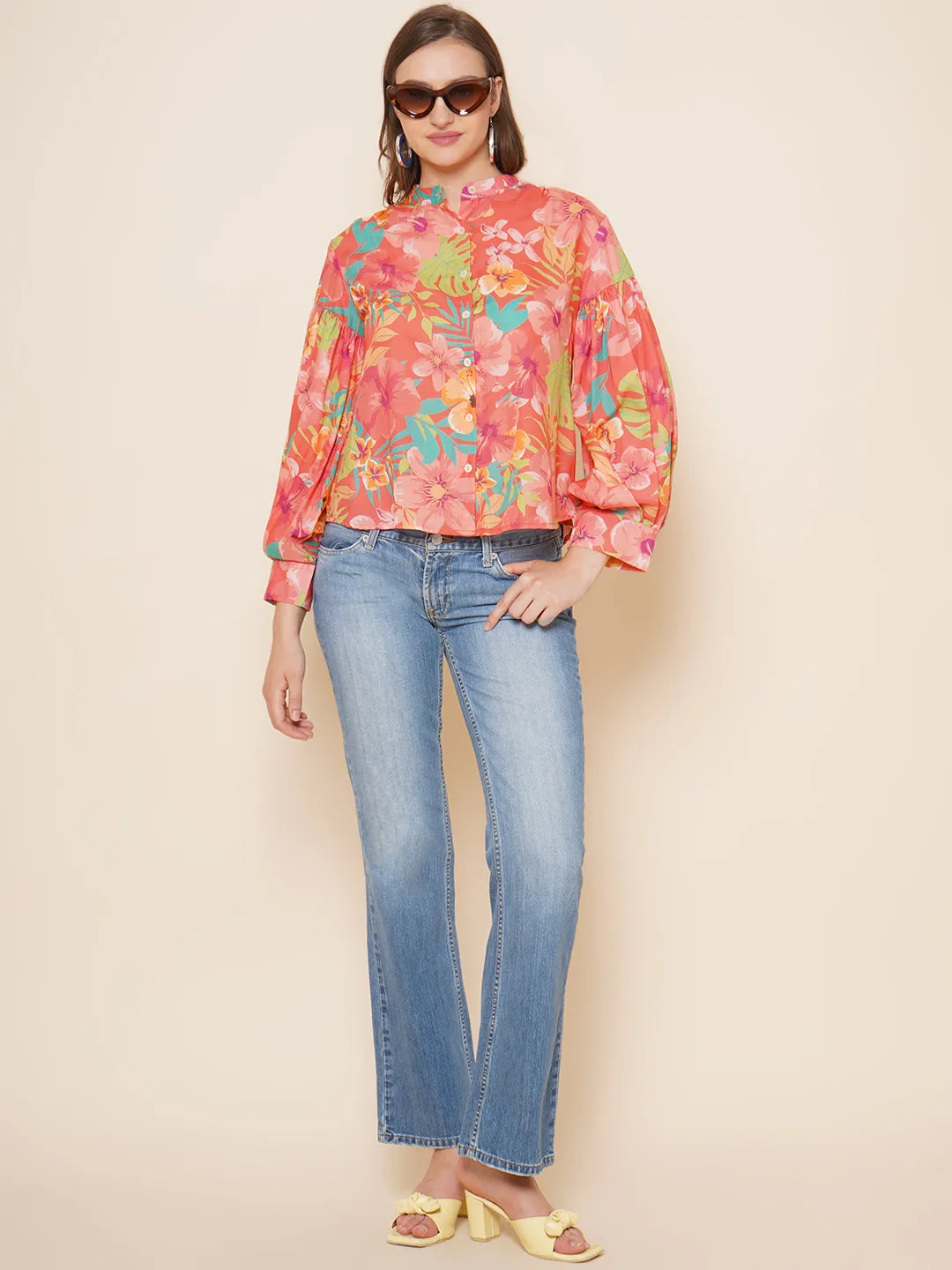 Peach Floral Printed Shirt Style Top