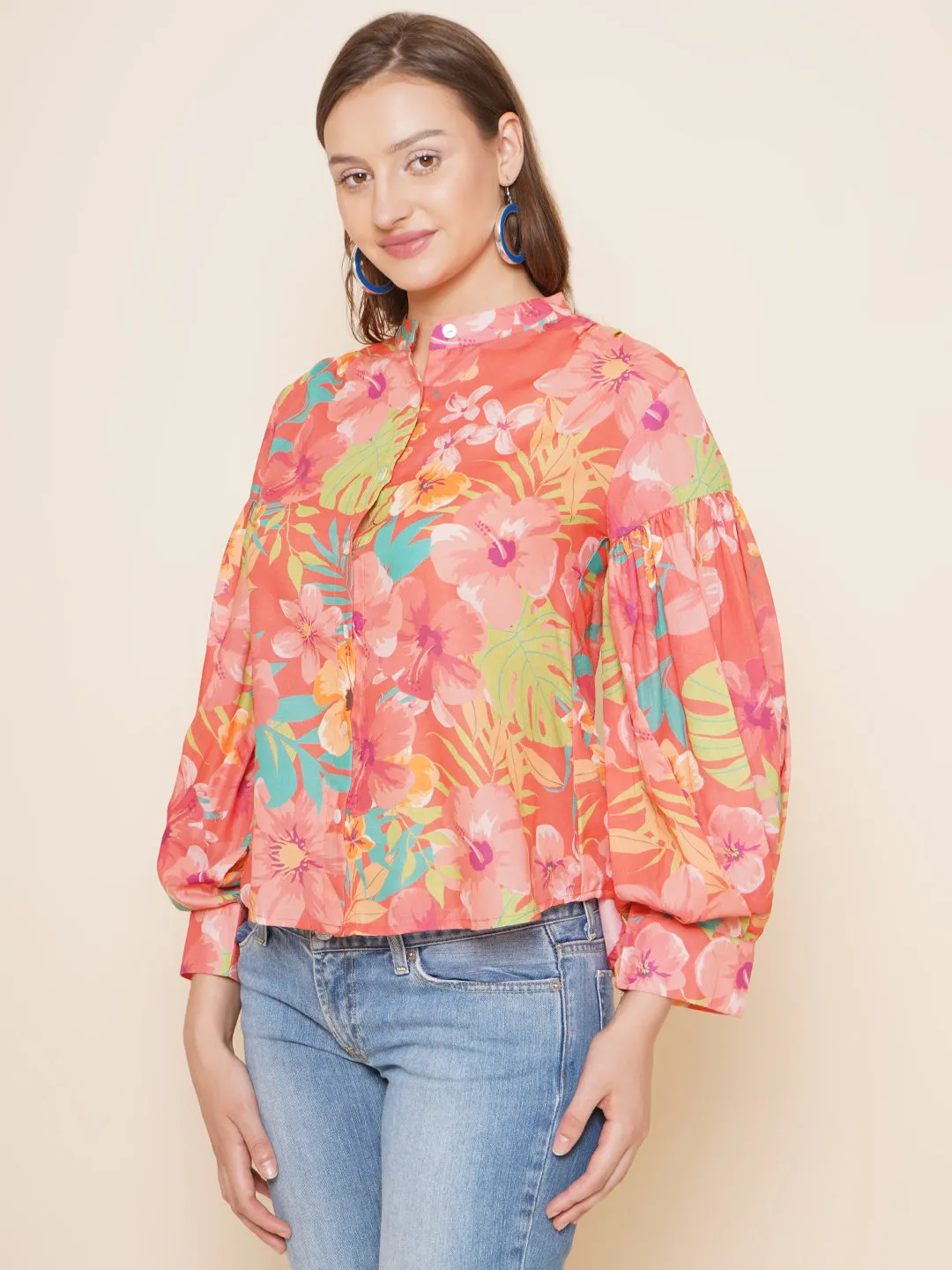 Peach Floral Printed Shirt Style Top