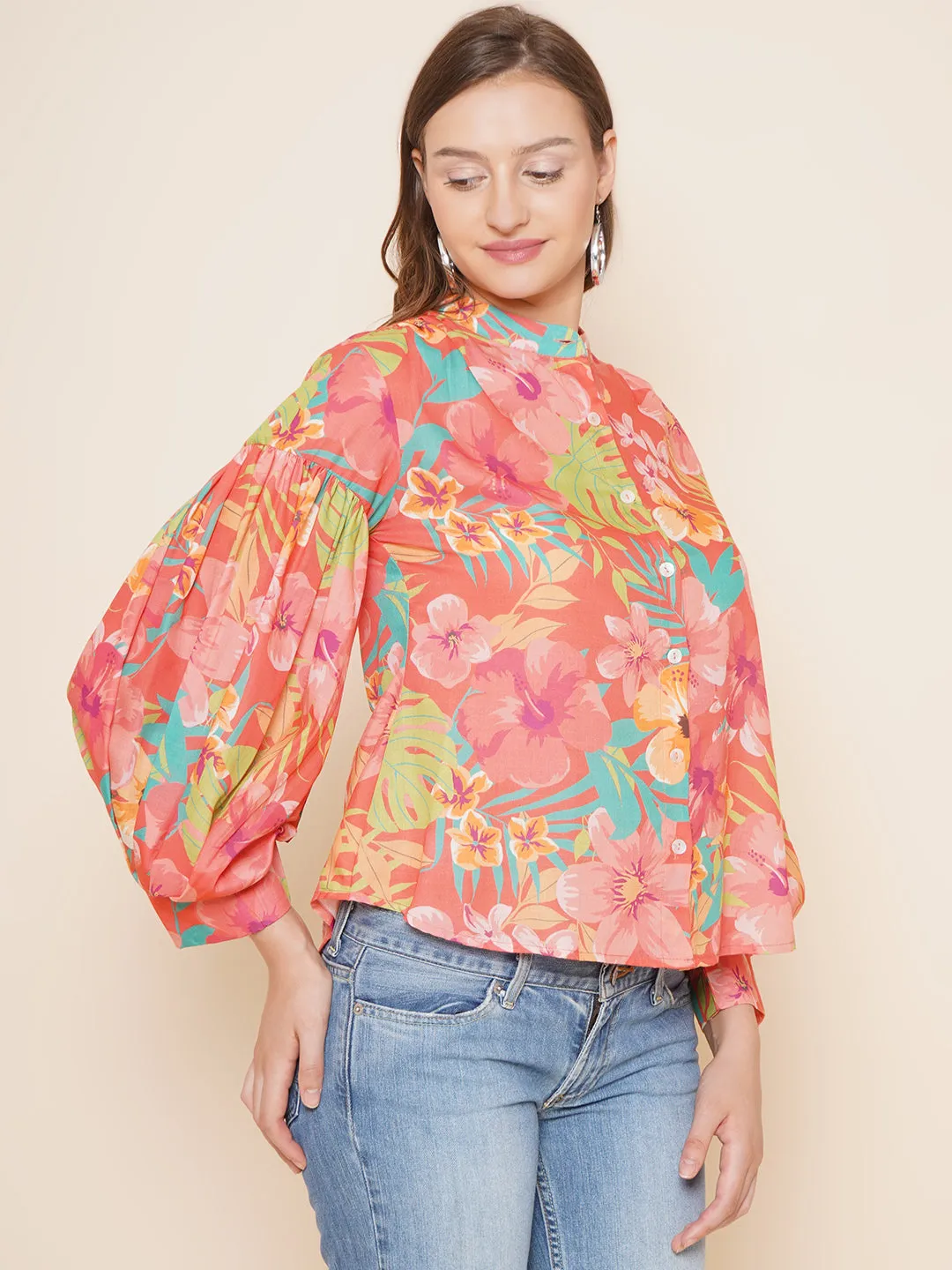 Peach Floral Printed Shirt Style Top