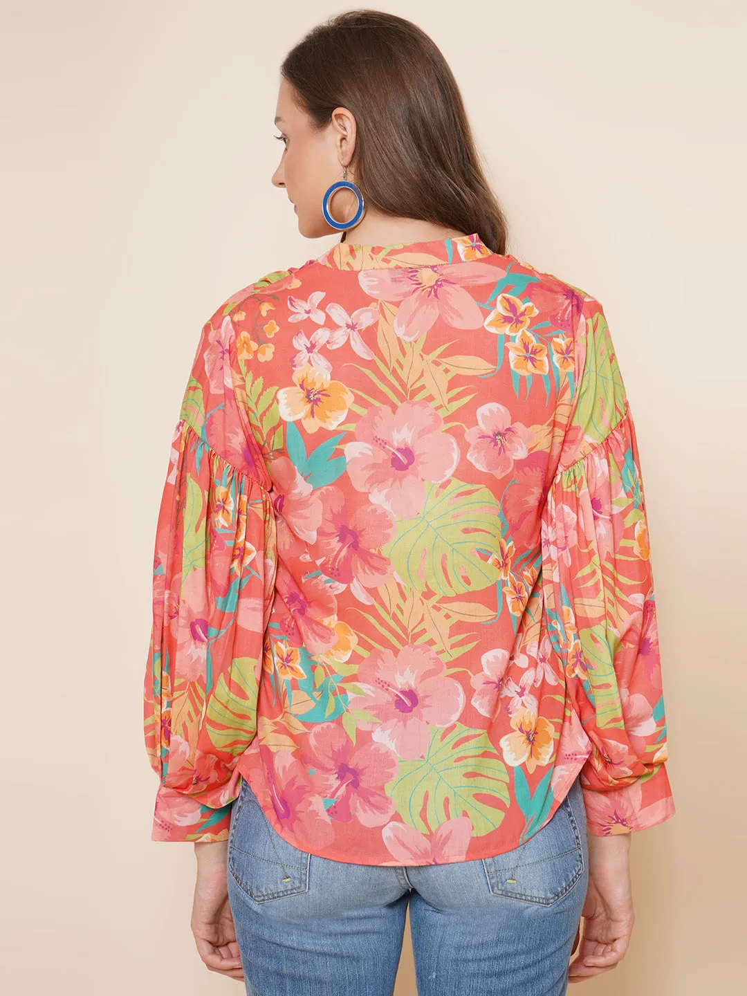 Peach Floral Printed Shirt Style Top