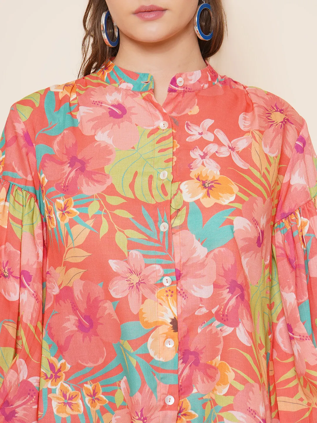 Peach Floral Printed Shirt Style Top