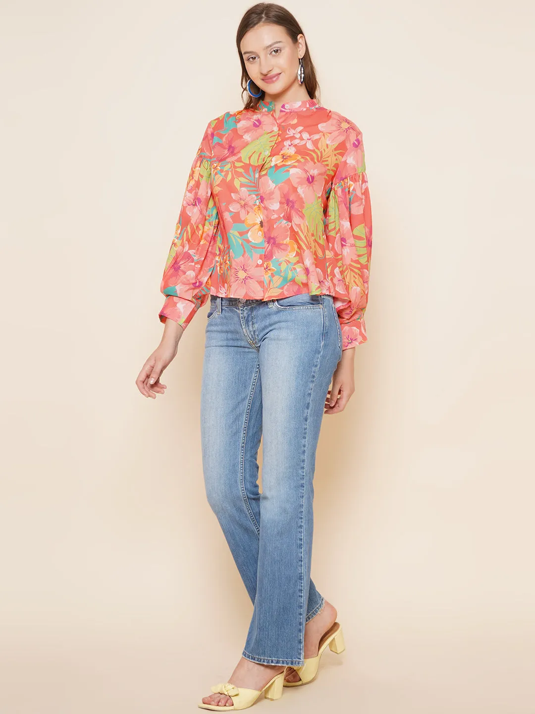 Peach Floral Printed Shirt Style Top