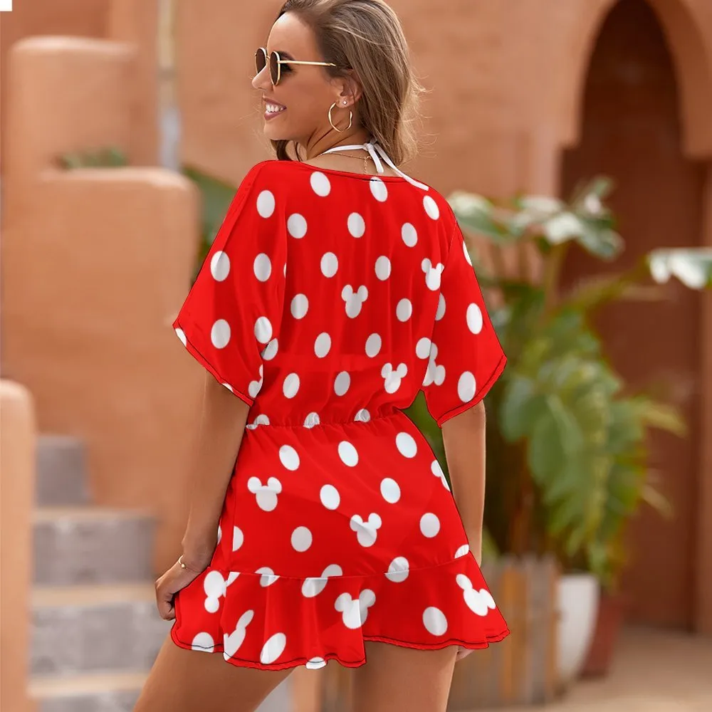 Red With White Mickey Polka Dots Women's Swimsuit Coverup