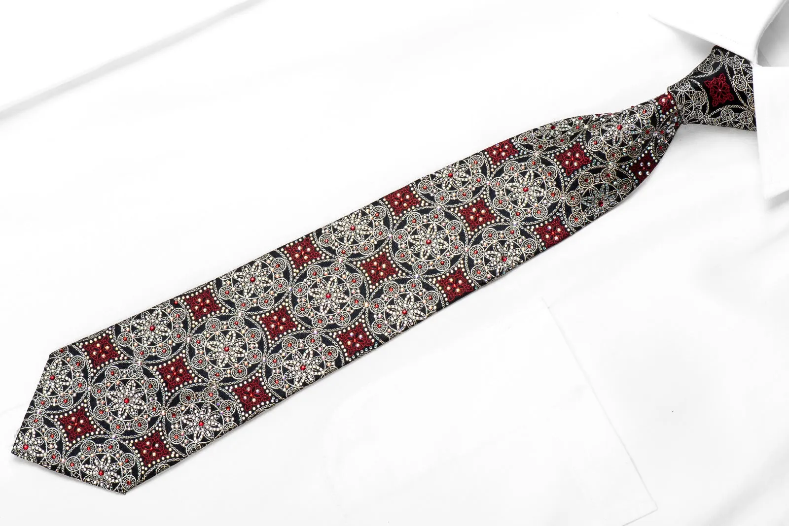 Renoma Men's Crystal Silk Necktie Silver Red Arabesque On Navy With Silver Sparkles