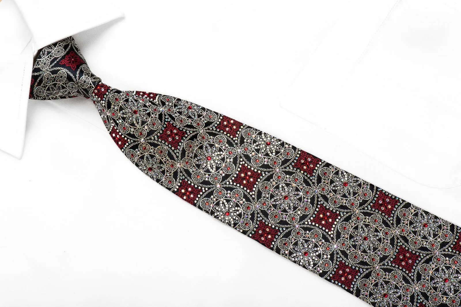 Renoma Men's Crystal Silk Necktie Silver Red Arabesque On Navy With Silver Sparkles
