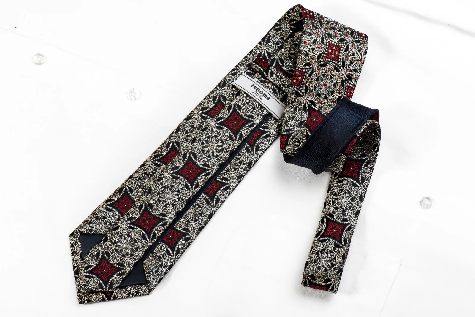 Renoma Men's Crystal Silk Necktie Silver Red Arabesque On Navy With Silver Sparkles