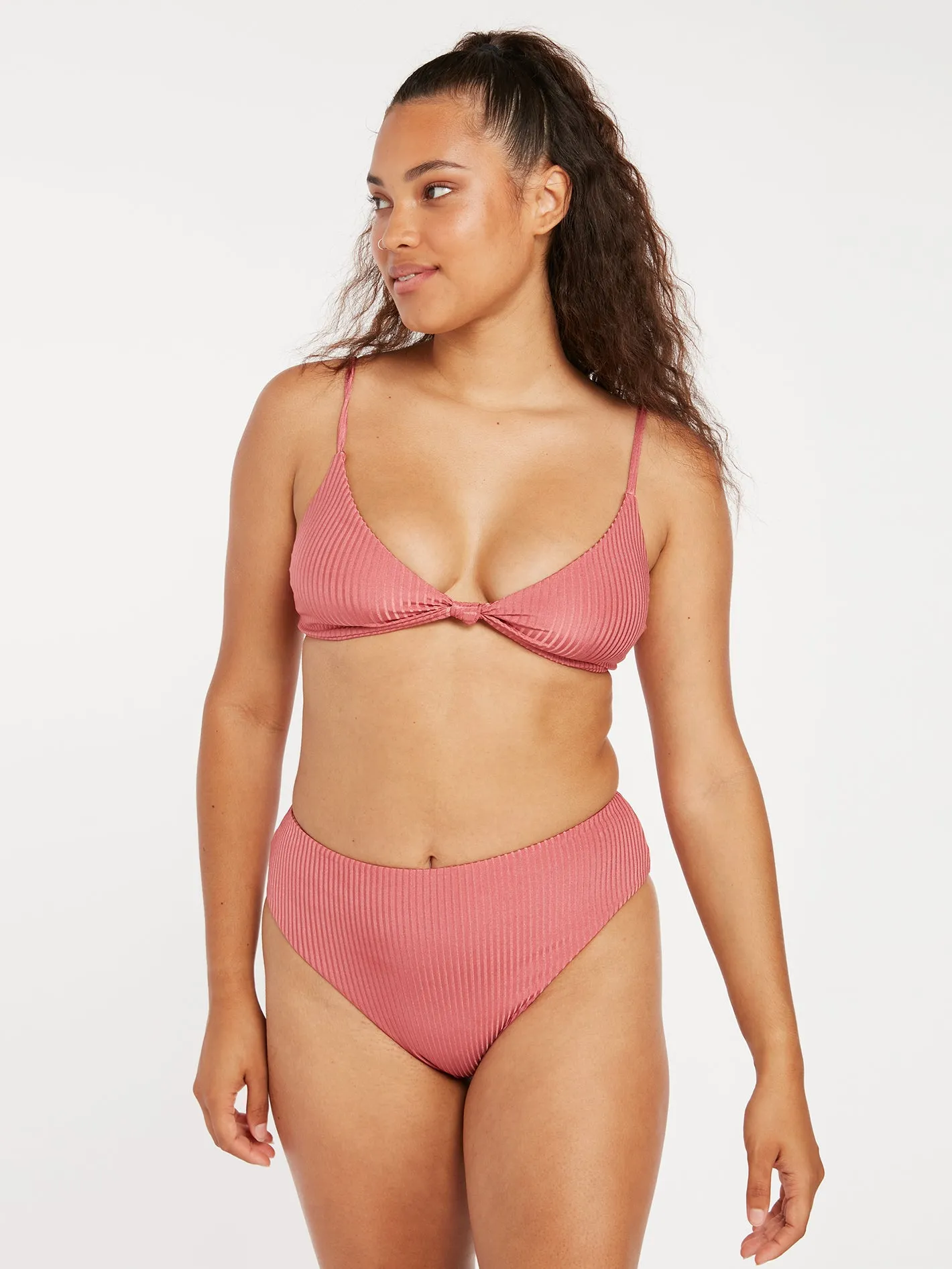 Simply Rib V Neck Bikini Top - Dusty Rose