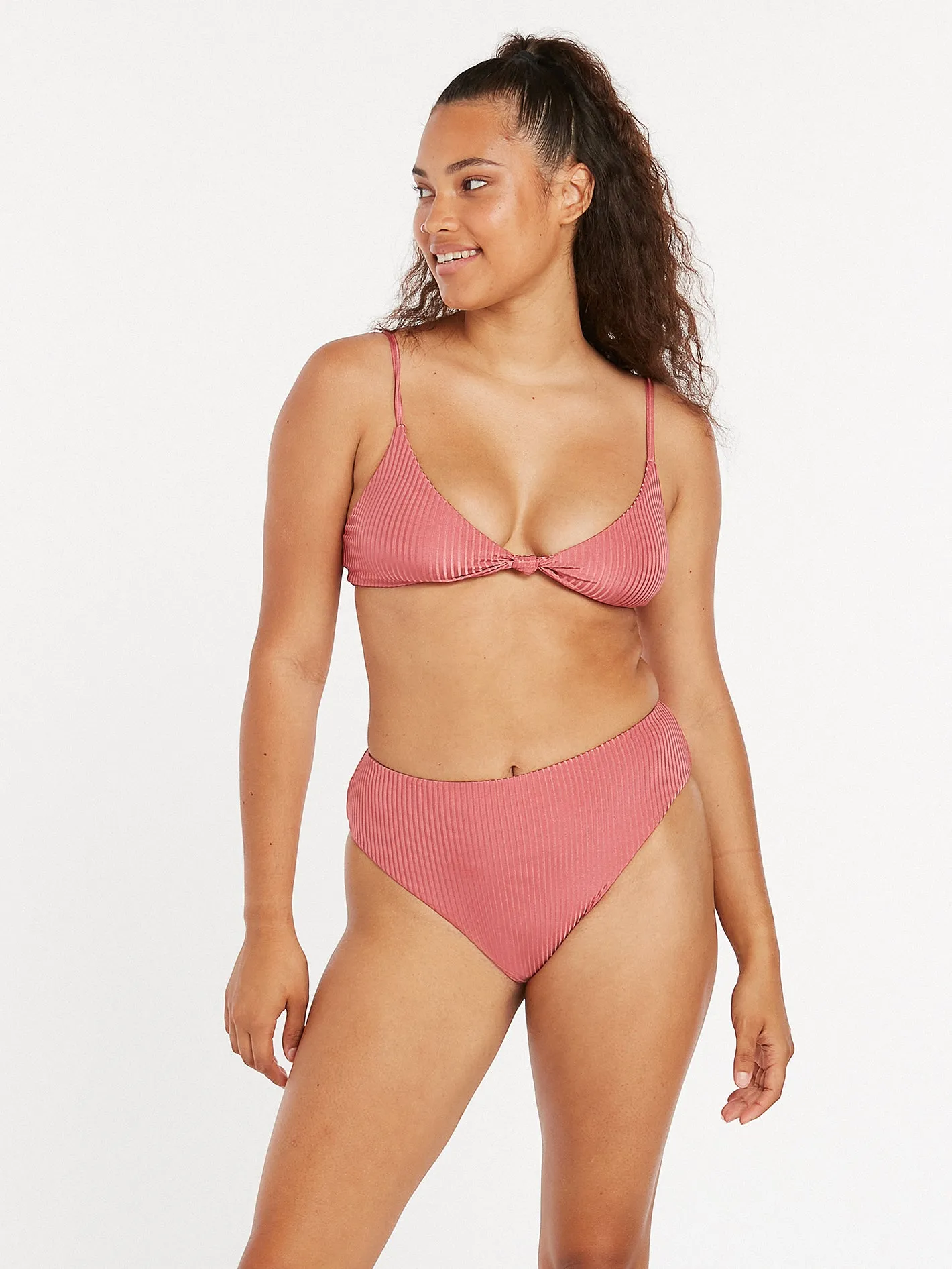 Simply Rib V Neck Bikini Top - Dusty Rose