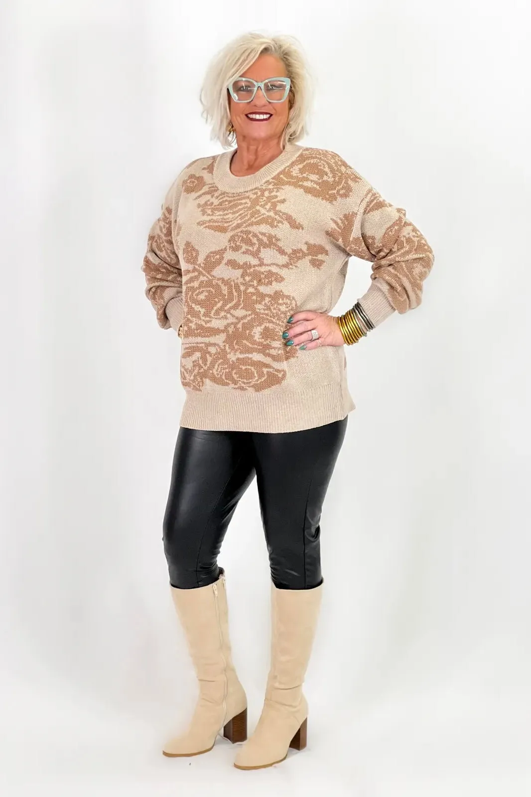 Taupe Long Sleeve Flower Print Sweater