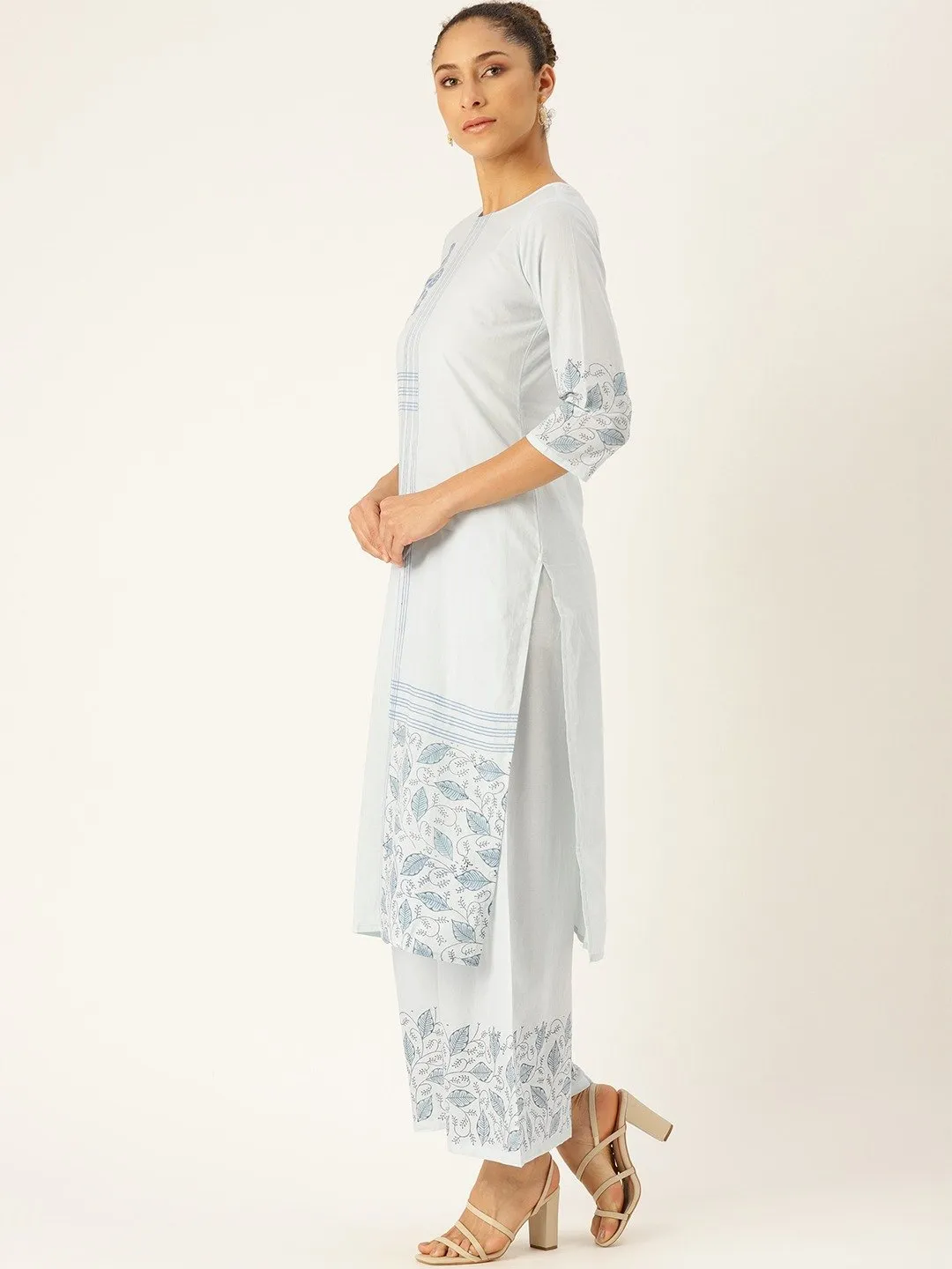 Women Blue Three-Quarter Sleeves Straight Kurta With Palazzo Set