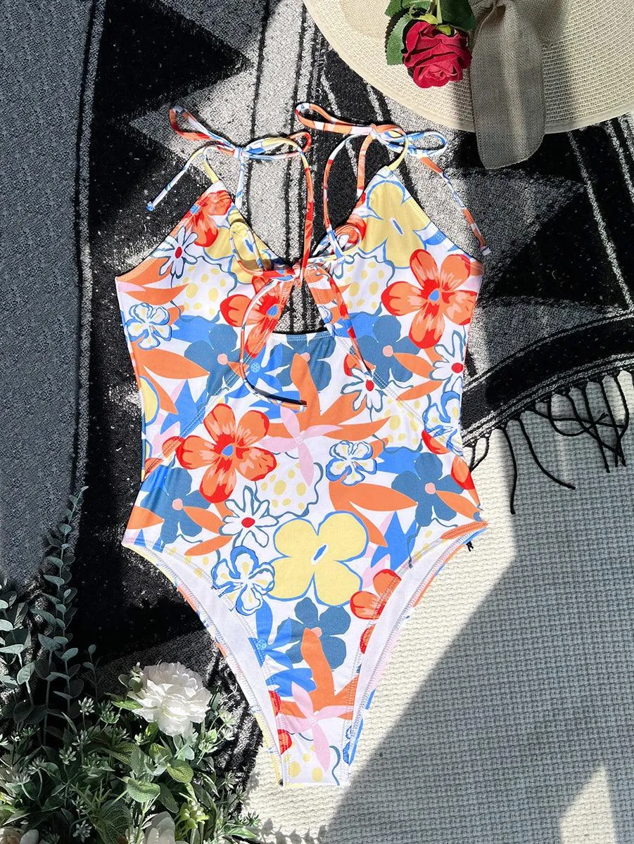 Women's Floral One-Piece Swimsuit | Backless Swimwear with Straps