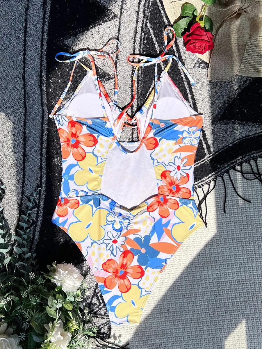 Women's Floral One-Piece Swimsuit | Backless Swimwear with Straps
